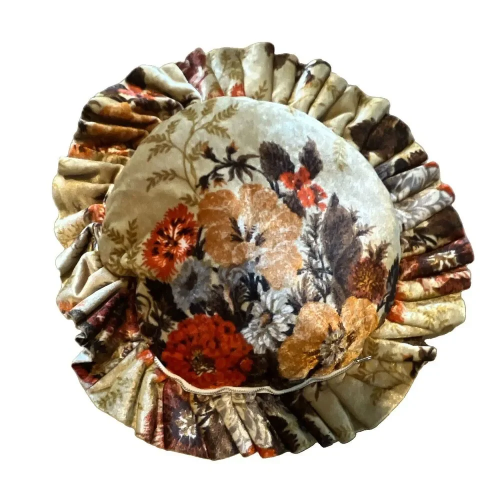 MCM Round Velvet Floral Decorative Pillow 16 in Ruffled Edge Zipper Closure